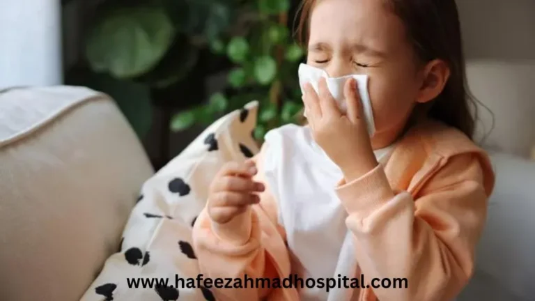 Image of a young child showing symptoms of allergies, including red eyes, runny nose, and skin irritation